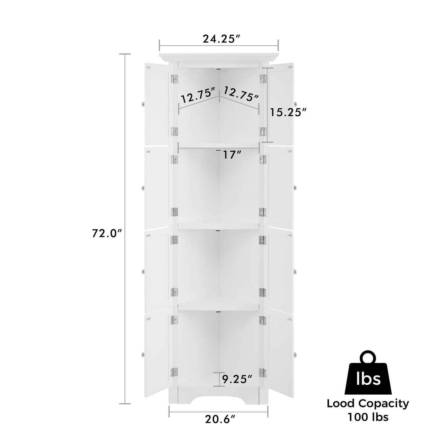 Tall Storage Cabinet With Doors And 4 Shelves For Living Room, Kitchen, Office, Bedroom, Bathroom, Modern - White