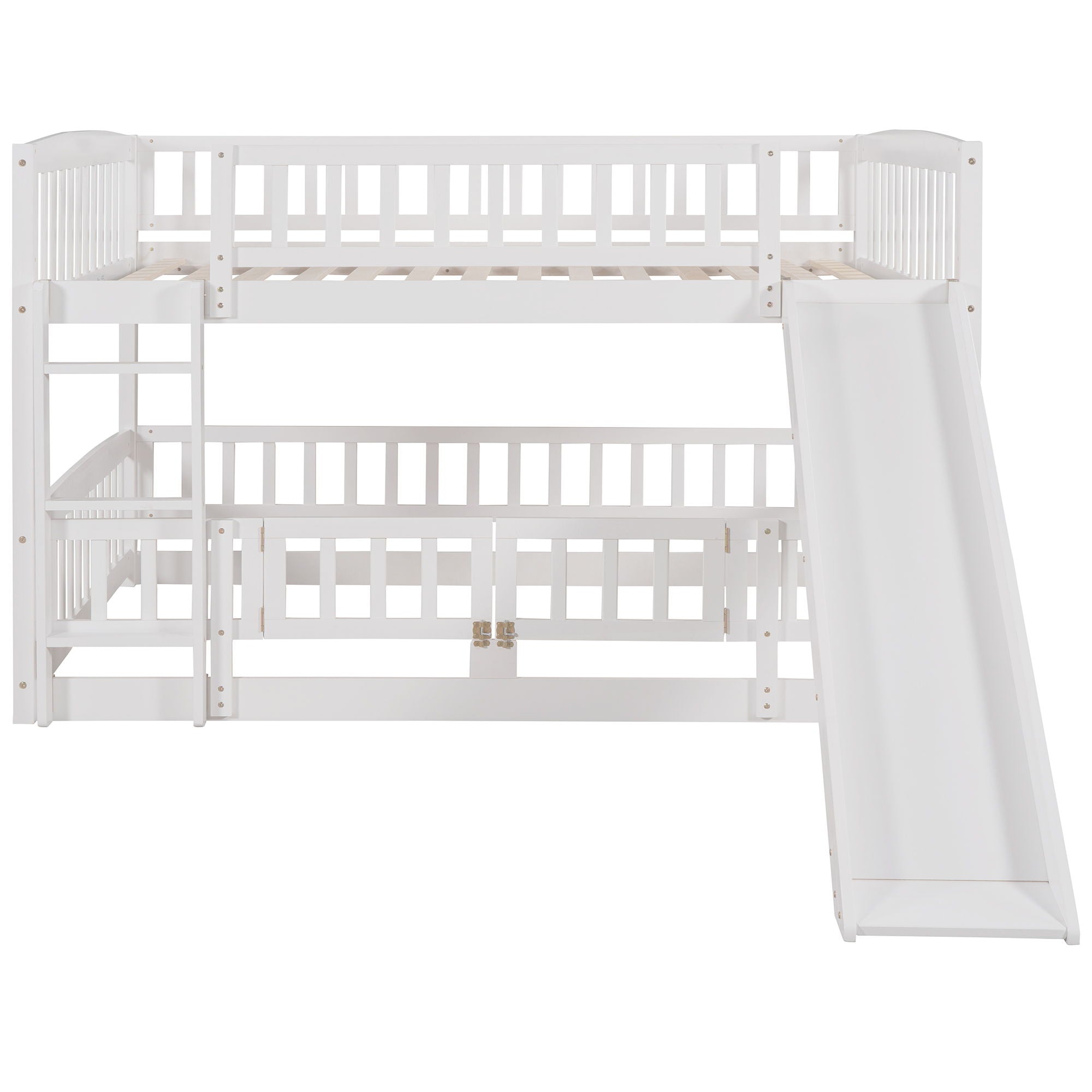 Full Over Full Low Bunk Bed With Slide, Fence And Ladder For Toddler - White