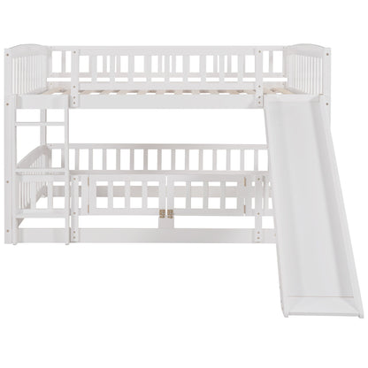 Full Over Full Low Bunk Bed With Slide, Fence And Ladder For Toddler - White
