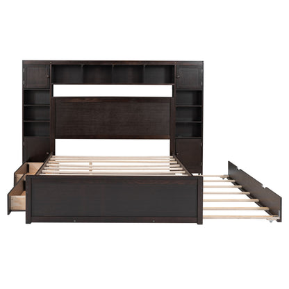 Queen Size Bed With All In One Cabinet, Shelf And Sockets, Twin Long Trundle - Espresso