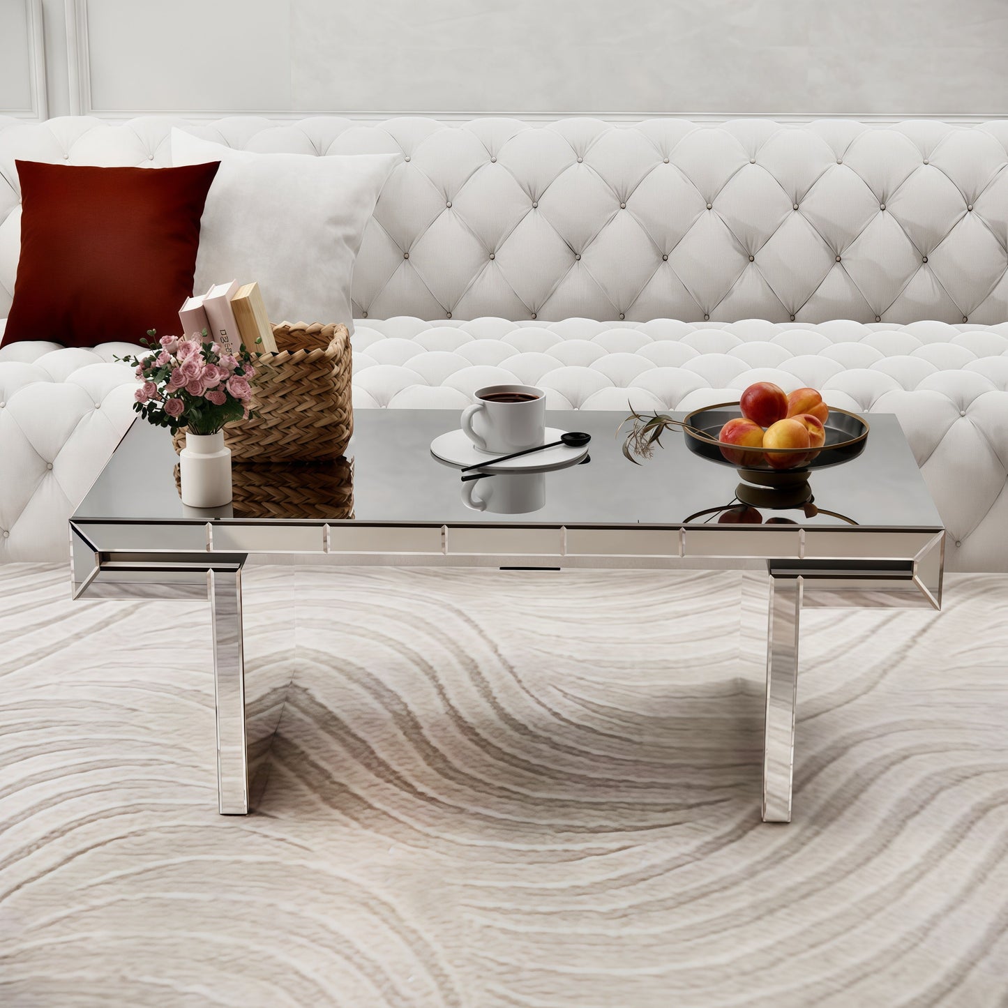 Luxury Rectangular Mirror Coffee Table With Fluted Tempered Glass, Light Luxury Style - Silver