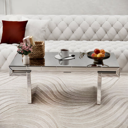 Luxury Rectangular Mirror Coffee Table With Fluted Tempered Glass, Light Luxury Style - Silver