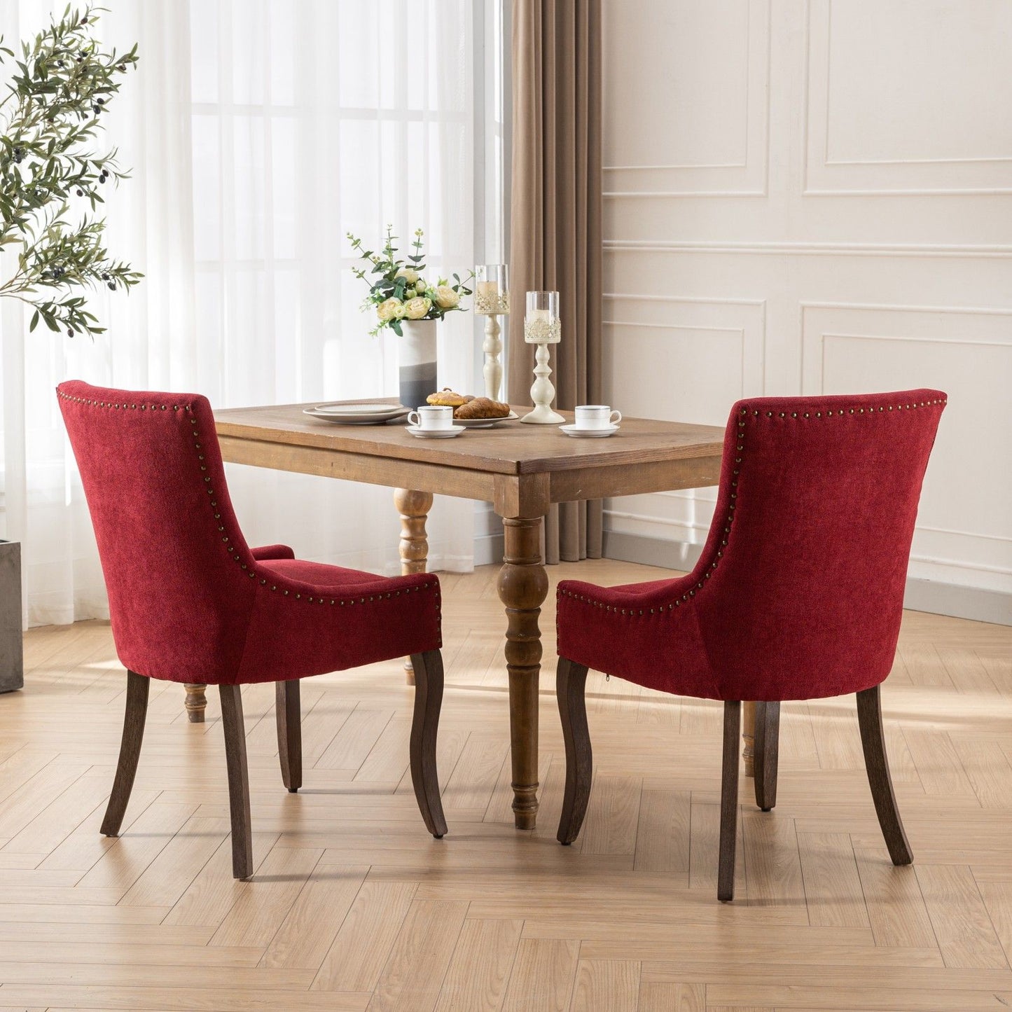 Ultra Side Dining Chair, Thickened Fabric Chairs With Neutrally Toned Solid Wood Legs, Bronze Nail Head (Set of 2) - Wine Red / Burgundy