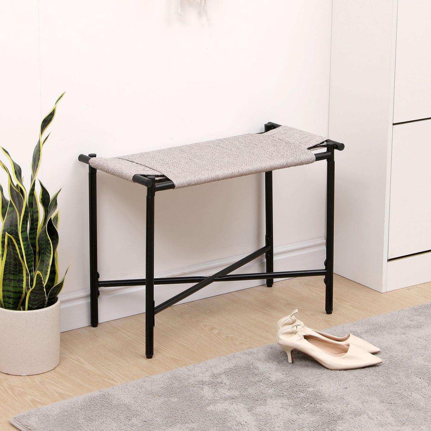 Boho Hand Woven Entryway Ottoman Vanity Chair Footrest Stool For Living Room Sofas - Gray