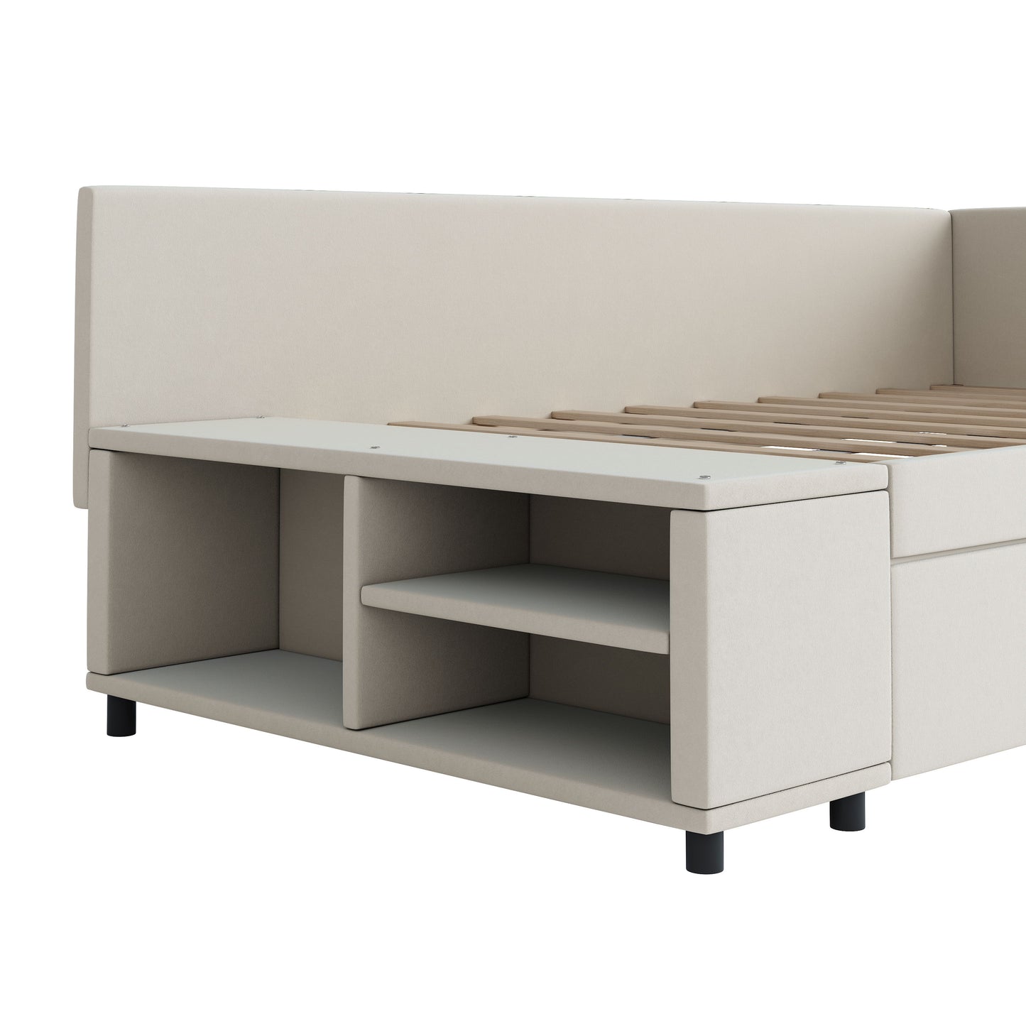 Twin L Shaped Upholstered Platform Bed With Storage And Drawers - Beige