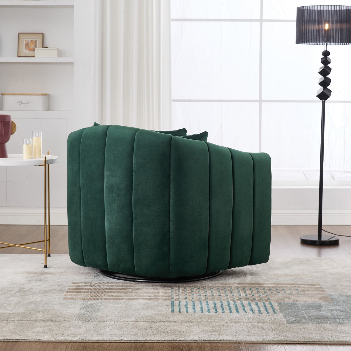 Upholstered Oversized 360 Degree Swivel Accent Barrel Chair And Half Cozy Sofa With 3 Pillows, Channel Tufted Pumpkin Shape Club Armchair For Living Room, Bedroom, Office, Lounge - Green