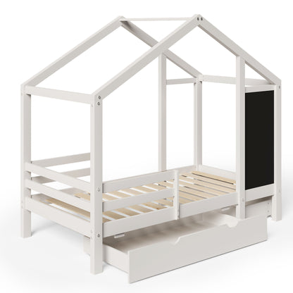 Twin House Bed With Blackboard And Drawers, 2 Assembly Options - White
