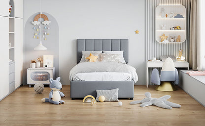 Twin Size Upholstered Platform Bed With A Hydraulic Storage System - Gray