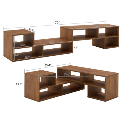 Modern 2 Piece Cube TV Stand With Open Storage, L Shaped Design - Walnut