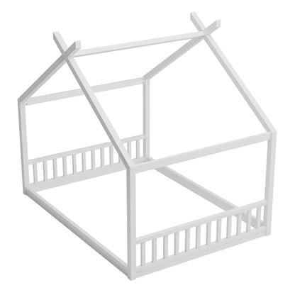 Full Size Montessori Style House Bed For Kids, Floor Bed Frame With Headboard And Footboard, Fence Bed For Girls, Boys, Slat Not Included - White