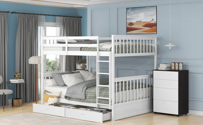 Full Over Full Bunk Bed With Ladders And 2 Storage Drawers - White