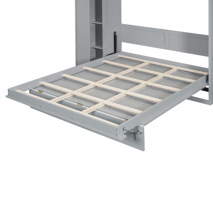 Full Size Murphy Wall Bed With Shelves, Wardrobe And LED Lights - Gray