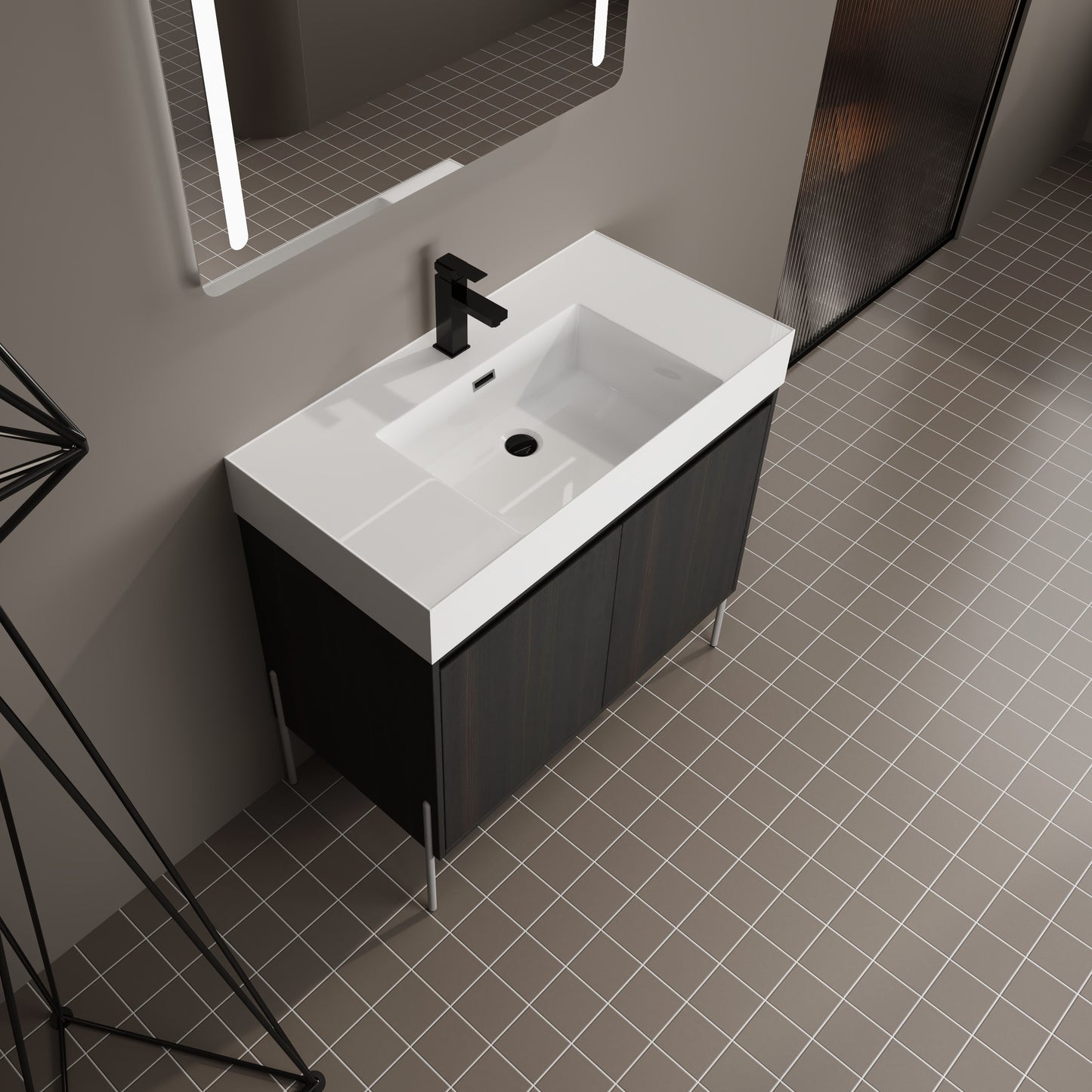 Minimalist 36" Freestanding Bathroom Vanity With Resin Sink And Storage Cabinet - Dark Oak