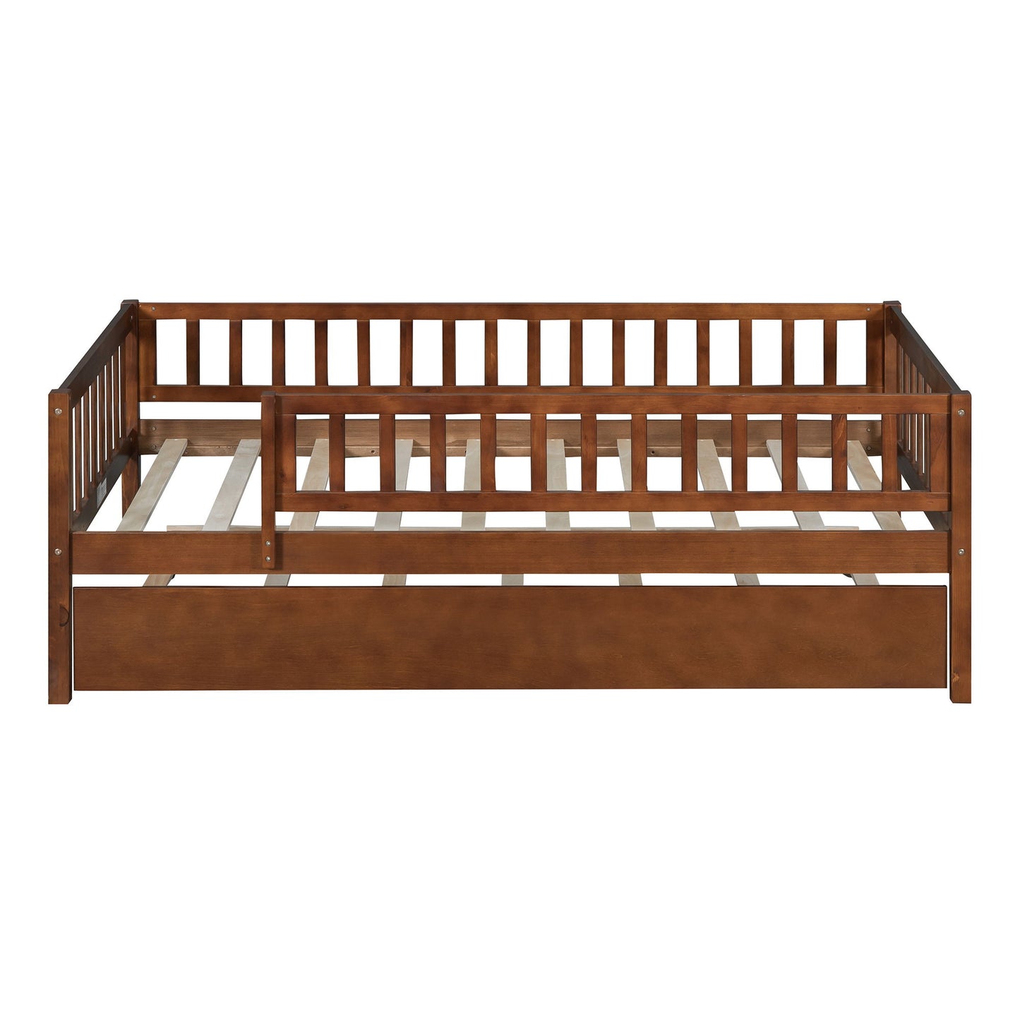 Twin Size Daybed With Trundle And Fence Guardrails - Walnut