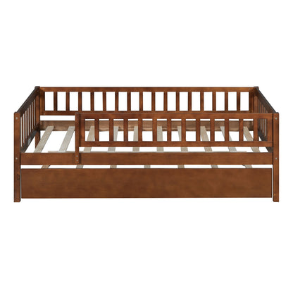 Twin Size Daybed With Trundle And Fence Guardrails - Walnut