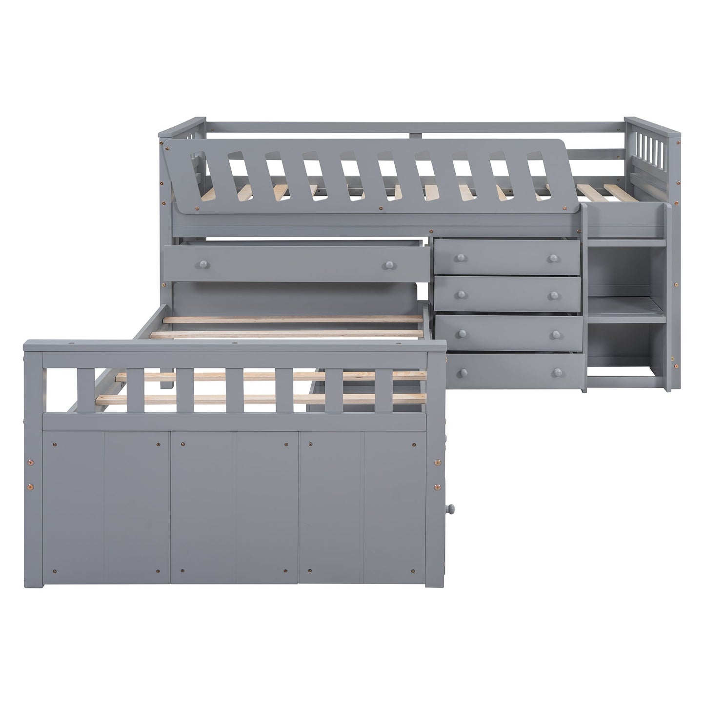 Twin Loft And Platform Bed With 7 Drawers And Full Guardrails, Modern L Shaped Space Saving - Gray