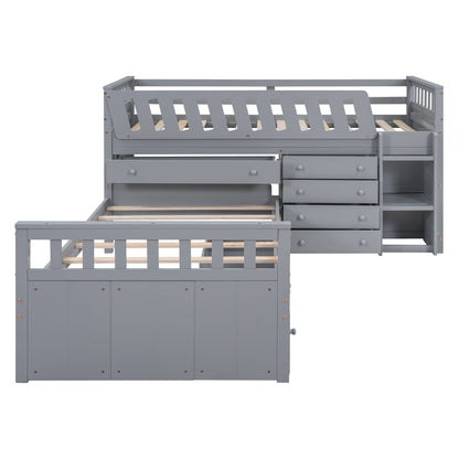 Twin Loft And Platform Bed With 7 Drawers And Full Guardrails, Modern L Shaped Space Saving - Gray