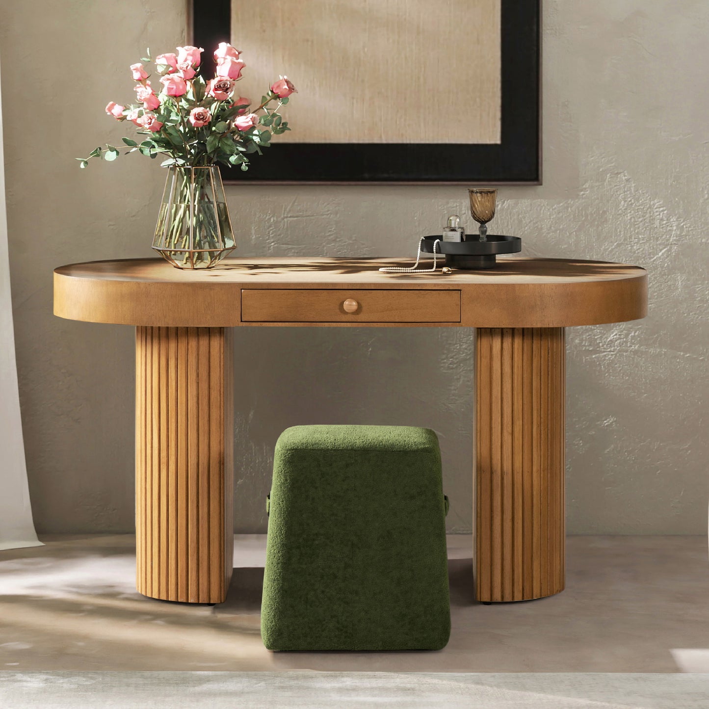 Jesse - Single Drawer Fluted Oval Console Desk - Honey Brown