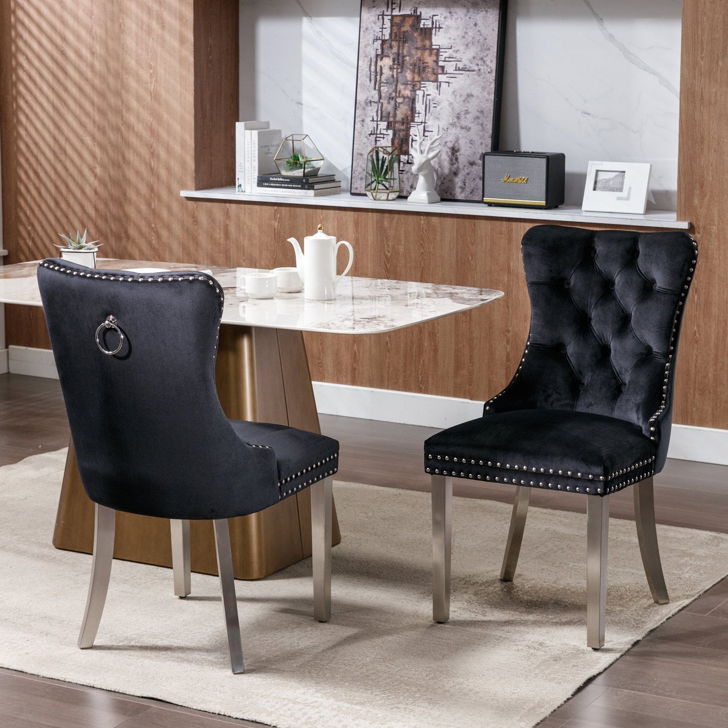 Nikki - Modern, High-End Tufted Solid Wood Contemporary Velvet Upholstered Dining Chair With Chrome Stainless Steel Plating Legs, Nailhead Trim (Set of 2) - Black / Chrome