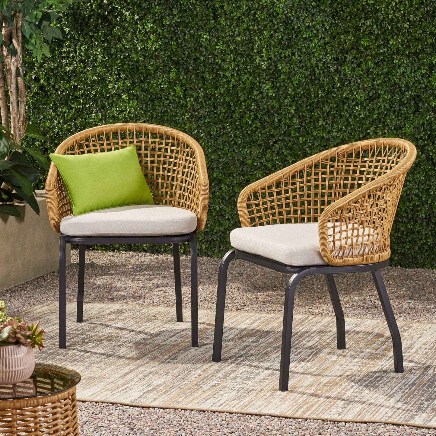 Outdoor Wicker Chair With Powder Coated Iron Legs - Light Brown