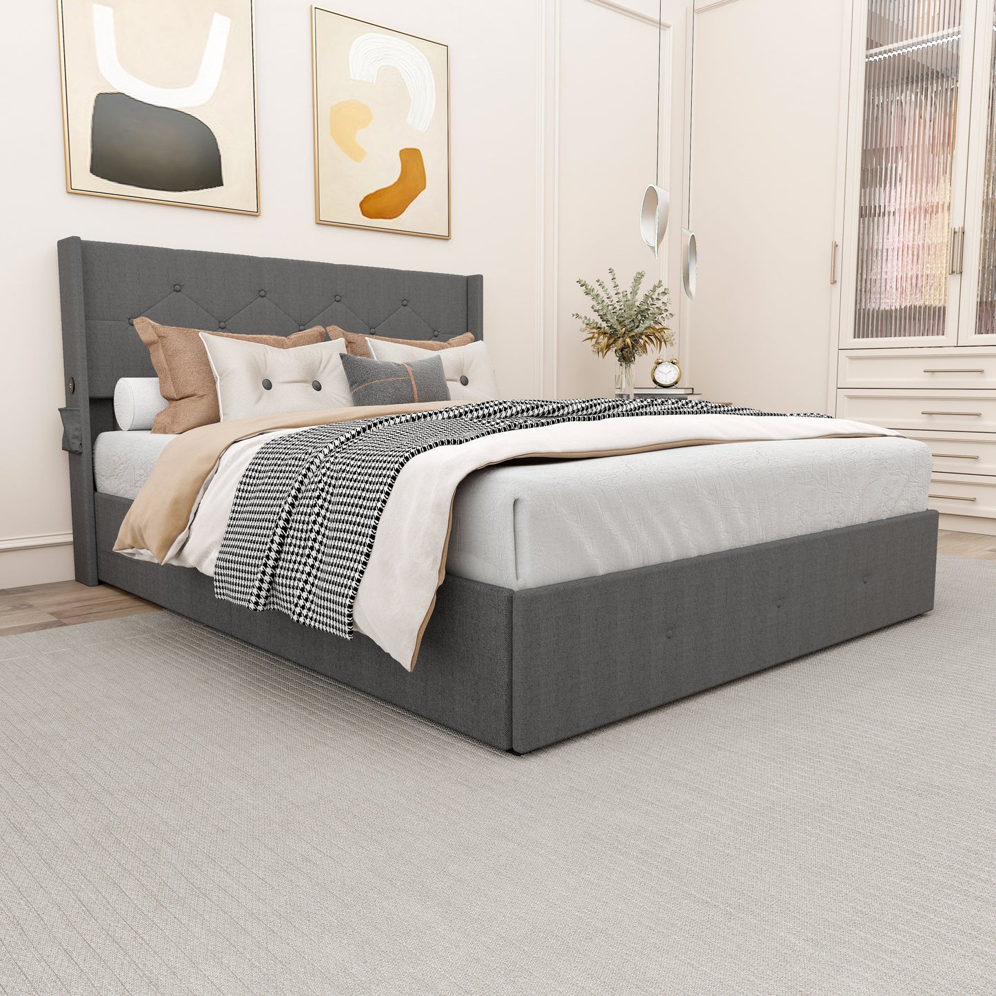 Modern Queen Size Bed Frame With Storage, Wingback Headboard, USB Ports - Dark Gray