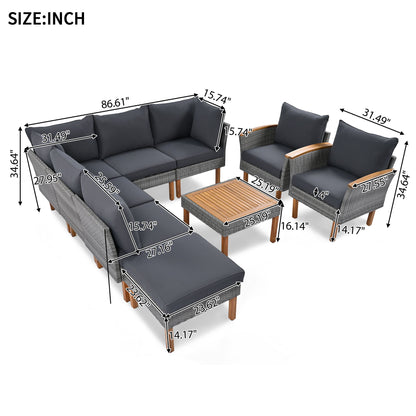 9 Piece Patio Rattan Furniture Set, Outdoor Conversation Set With Acacia Wood Legs And Tabletop, PE Rattan Sectional Sofa Set With Coffee Table, Washable Cushion - Gray