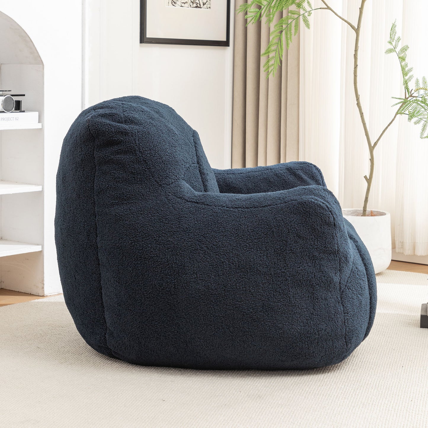Comfy Bean Bag Chair With Filler, Tufted Memory Foam Sofa, Teddy Fabric, Fluffy And Cozy Seating For Dorm, Apartment, Or Living Room - Dark Blue