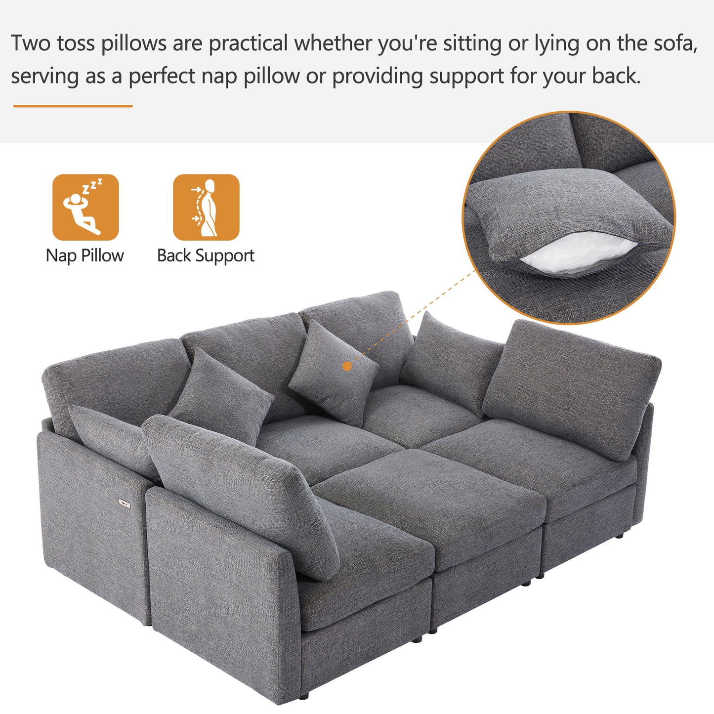 Sectional Sofa Modular Sofa U - Shaped Sofa Couch Sofa Bed L - Shaped Sofa With A Movable Ottoman And Two USB Ports For Living Room - Gray