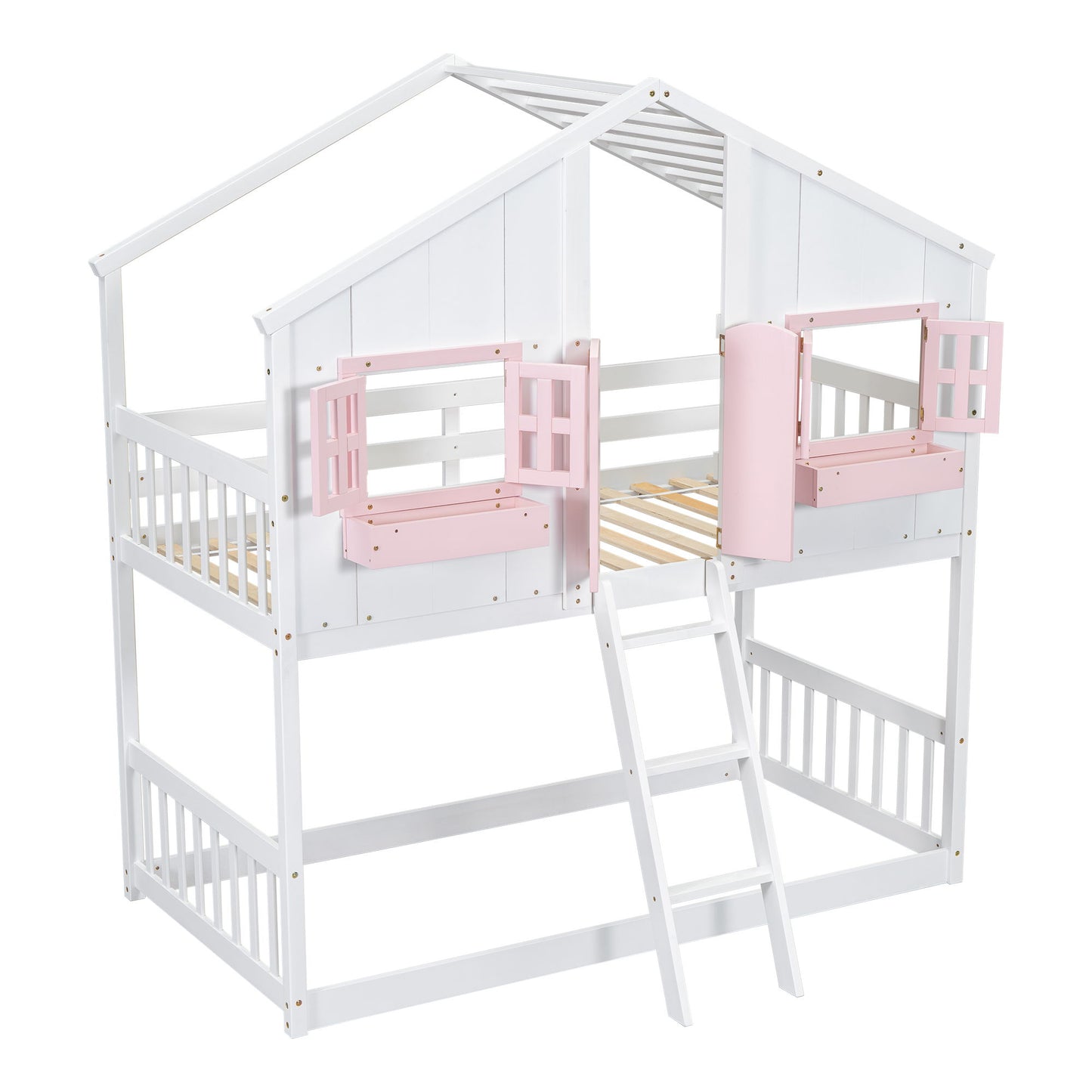 Twin Over Twin House Bunk Bed With Roof, Window, Window Box, Door, With Safety Guardrails And Ladder - Pink / White