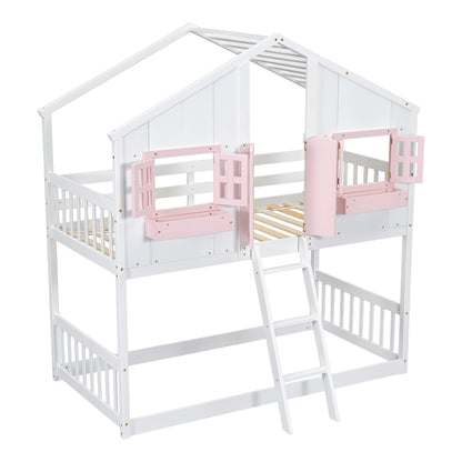 Twin Over Twin House Bunk Bed With Roof, Window, Window Box, Door, With Safety Guardrails And Ladder - Pink / White