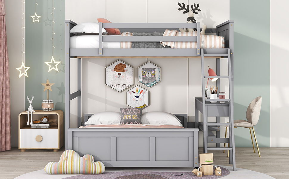 Full Over Full Bunk Bed With Desk - Gray