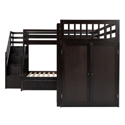 Twin Twin Over Full L Shaped Bunk Bed With 3 Drawers, Portable Desk And Wardrobe - Espresso