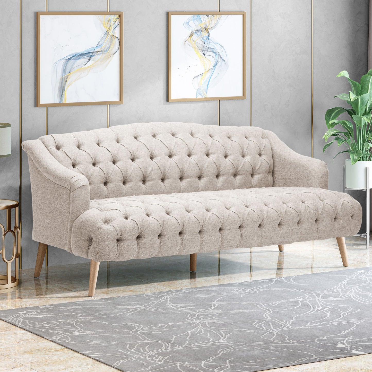 Comfy 3 Seat Sofa With Wooden Legs, For Living Room And Study - Beige