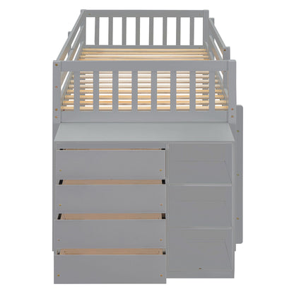 Twin Over Twin Classic Bunk Bed With 4 Drawers And 3 Shelves - Gray