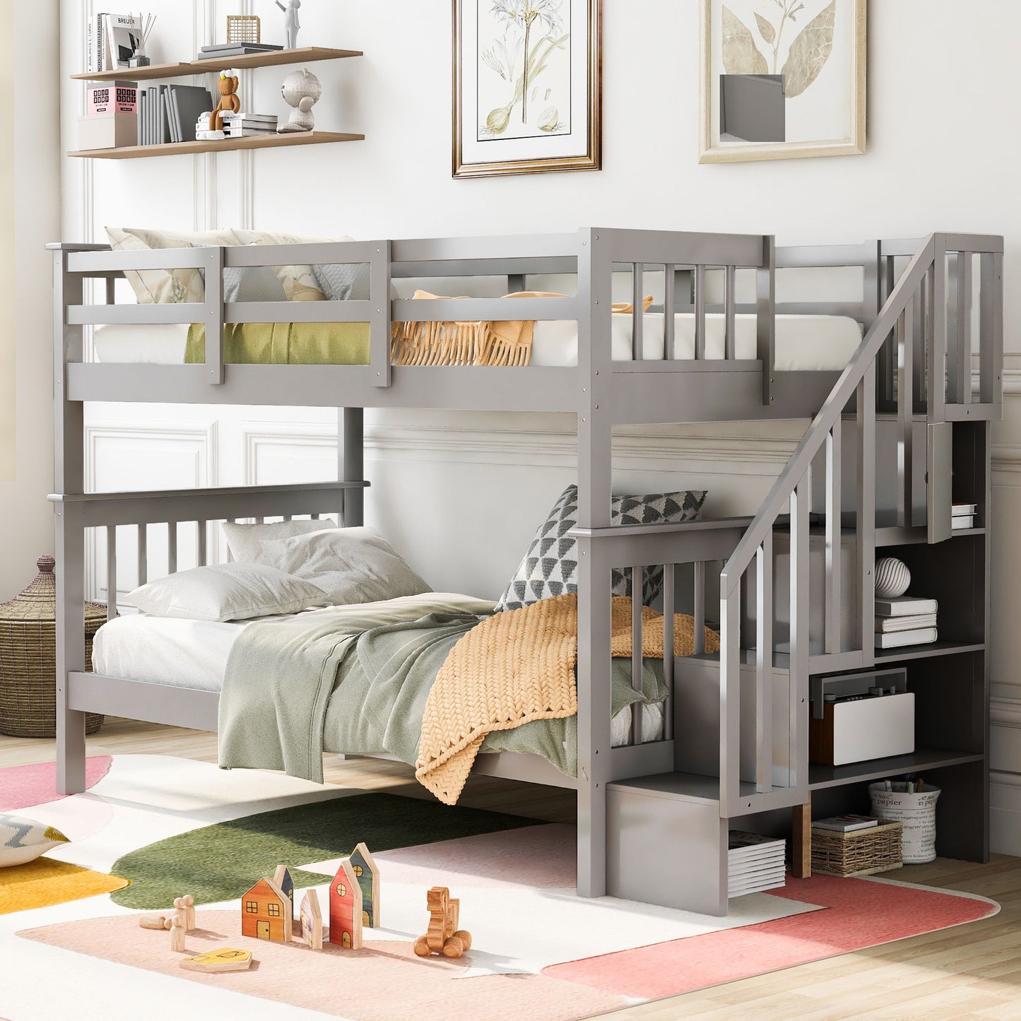 Stairway Twin Over Twin Bunk Bed With Storage And Guard Rail For Bedroom - Gray