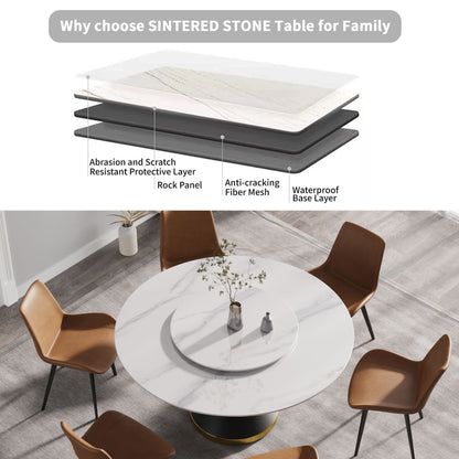 59.05" Modern Artificial Stone Round Carbon Steel Base Dining Table, White Artificial Stone Turntable - White / Black