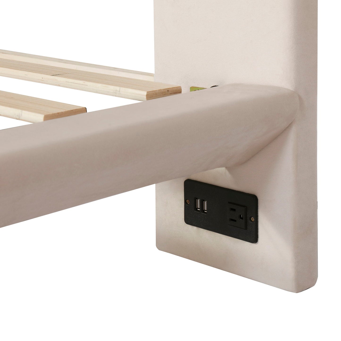 Queen Size Upholstered Platform Bed With Sensor Light And 2 Large Backrests, With 2 Sets Of USB Port And Socket On Each Rear Bed Leg - Beige