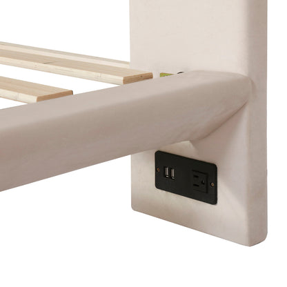 Queen Size Upholstered Platform Bed With Sensor Light And 2 Large Backrests, With 2 Sets Of USB Port And Socket On Each Rear Bed Leg - Beige