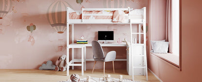 Twin Size Loft Bed With Shelves With Desk - White