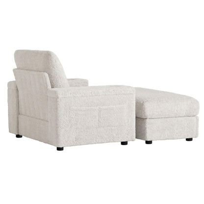 Oversized Chaise Lounge Indoor Rabbit Fur Sofa Bed With Storage Ottoman And Armrests Cup Holders With Deep Seat - Beige