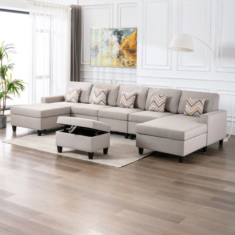 Nolan - Linen Fabric 6 Piece Double Chaise Sectional Sofa With Interchangeable Legs, Storage Ottoman, And Pillows - Beige