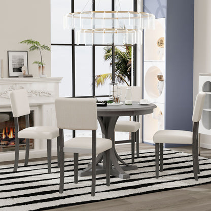 5 Piece Retro Round Dining Table Set With Curved Trestle Style Table Legs And 4 Upholstered Chairs For Dining Room - Dark Gray