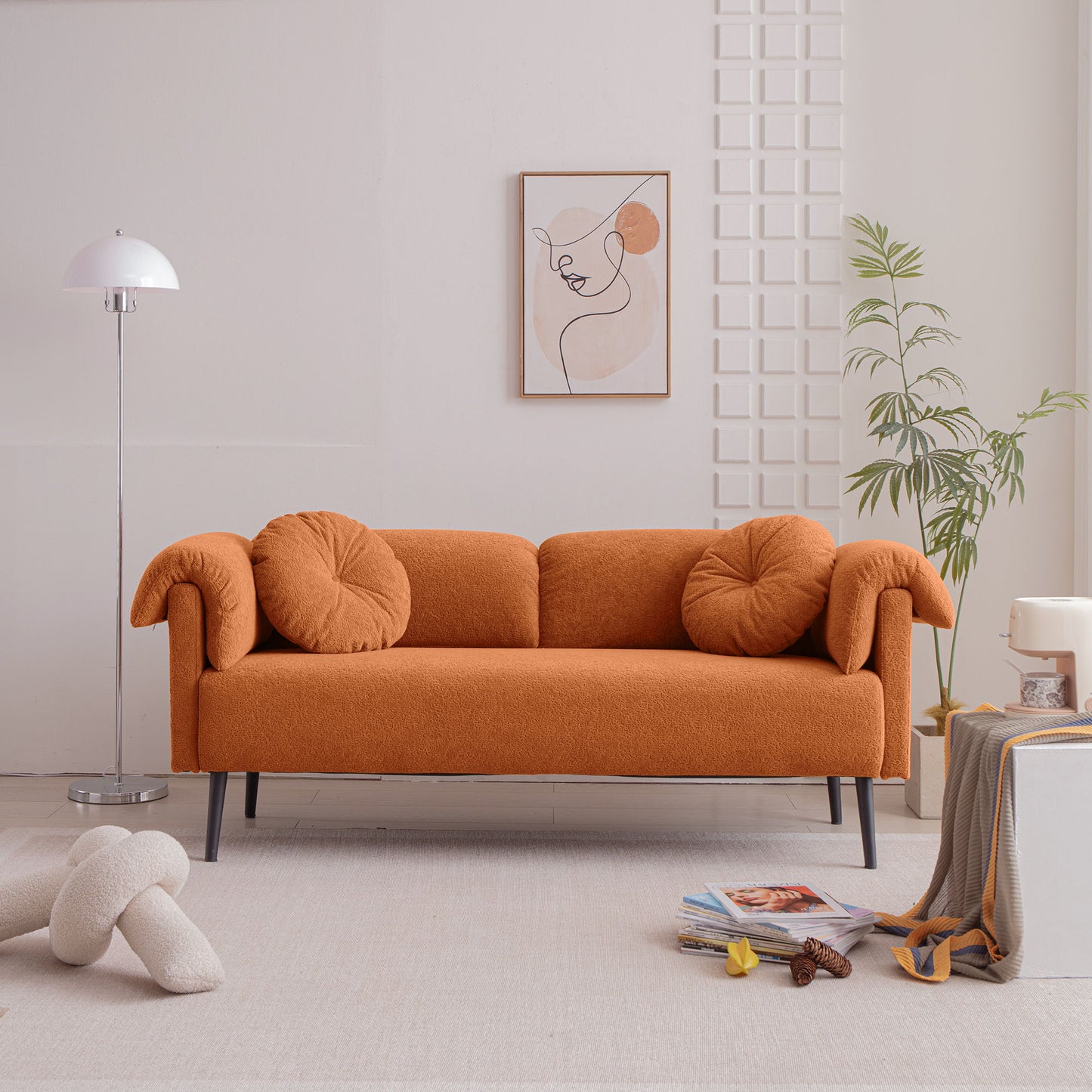 Modern Lamb Wool Sofa With Decorative Throw Pillows For Small Spaces - Orange