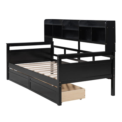 Twin Size Daybed, Slat Support, With Bedside Shelves And 2 Drawers - Espresso