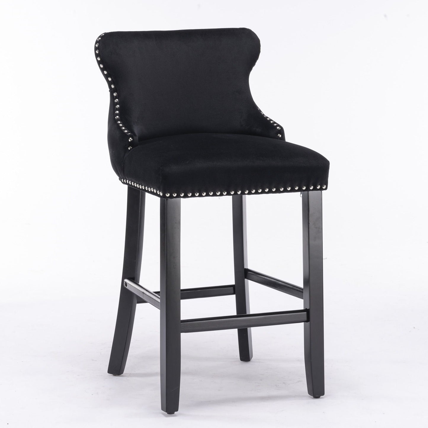 Contemporary Velvet Upholstered Wing-Back Barstools With Button Tufted Decoration And Wooden Legs, And Chrome Nailhead Trim, Leisure Style Bar Chairs, Bar Stools (Set of 4) - Black