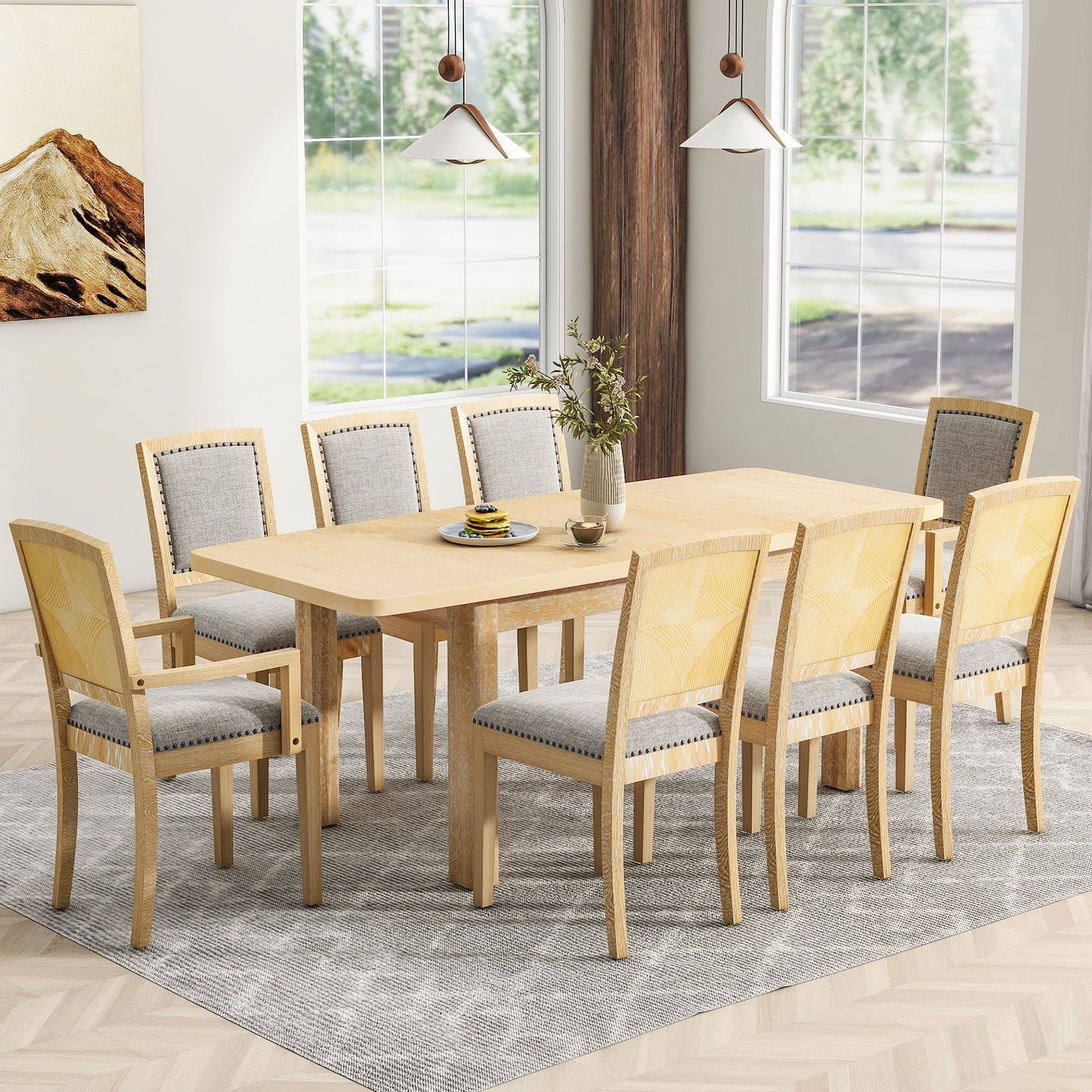 Topmax - Rustic Extendable Dining Table Set With Removable Leaf, 6 Upholstered Armless Dining Chairs And 2 Padded Arm Chairs, 9 Pieces - Natural