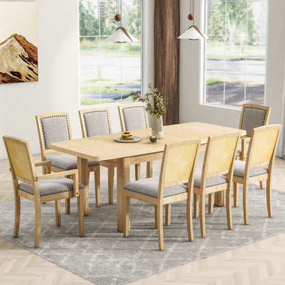 Topmax - Rustic Extendable Dining Table Set With Removable Leaf, 6 Upholstered Armless Dining Chairs And 2 Padded Arm Chairs, 9 Pieces - Natural