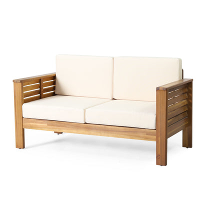 Acacia Wood Loveseat And Coffee Table Set With Cushions - Brown