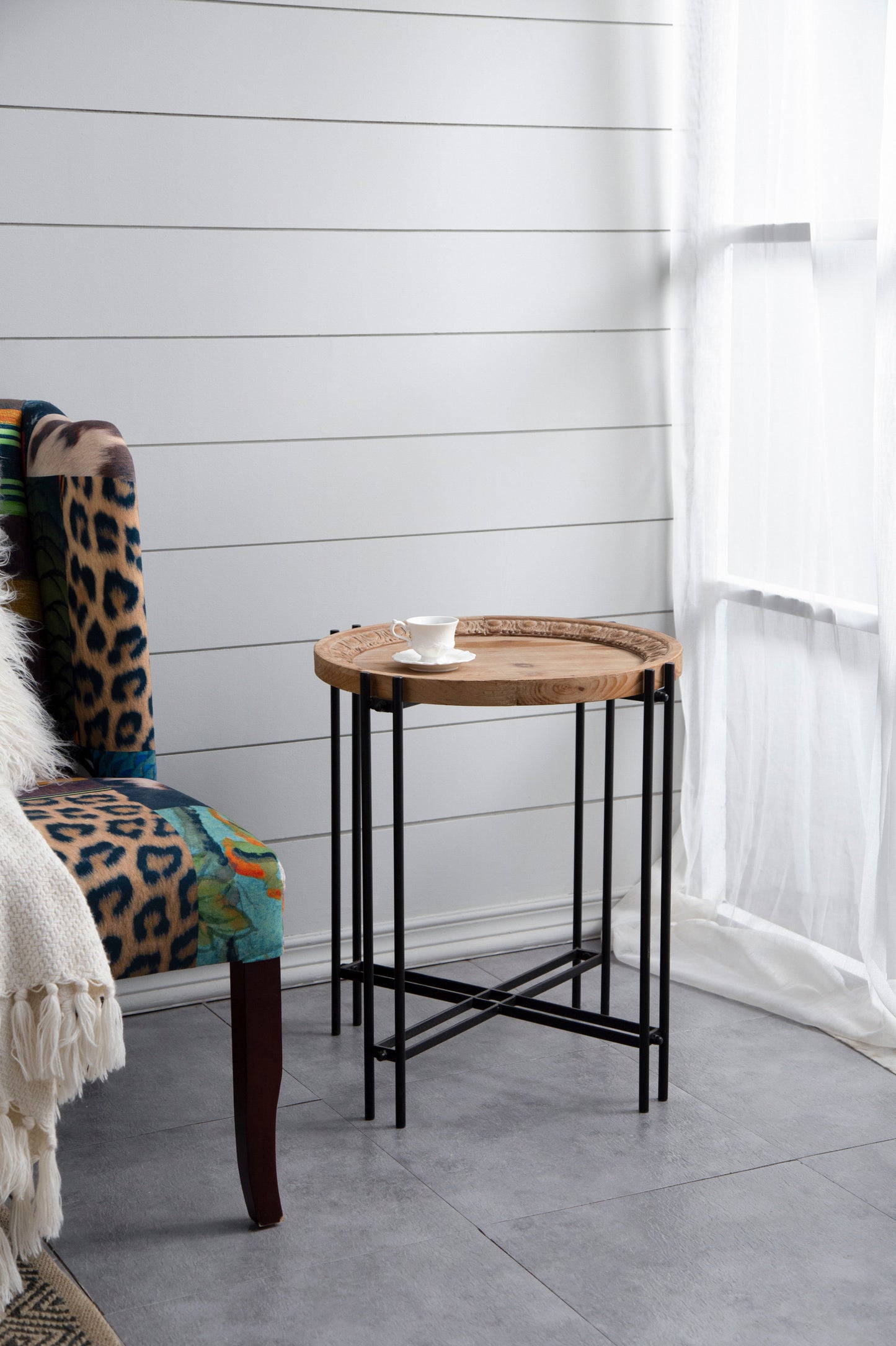 Round Side Table With Wood Top, End Table For Living Room Bedroom - Black Brown