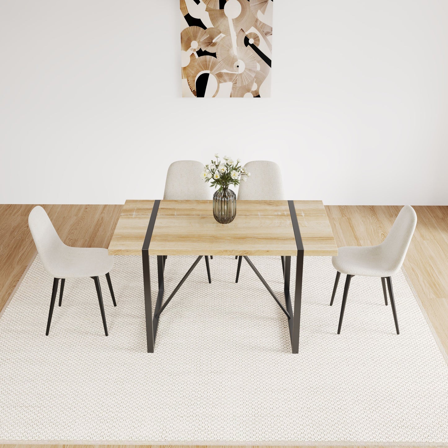 Modern Dining Chairs (Set of 4) With Linen Fabric Upholstered Seat, Spoon Shape Design - Black / Beige